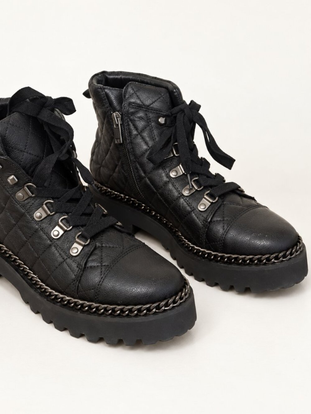 Vince Camuto Black Quilted Chain-Trim Combat Boots – Chunky Lug Sole – Size 7